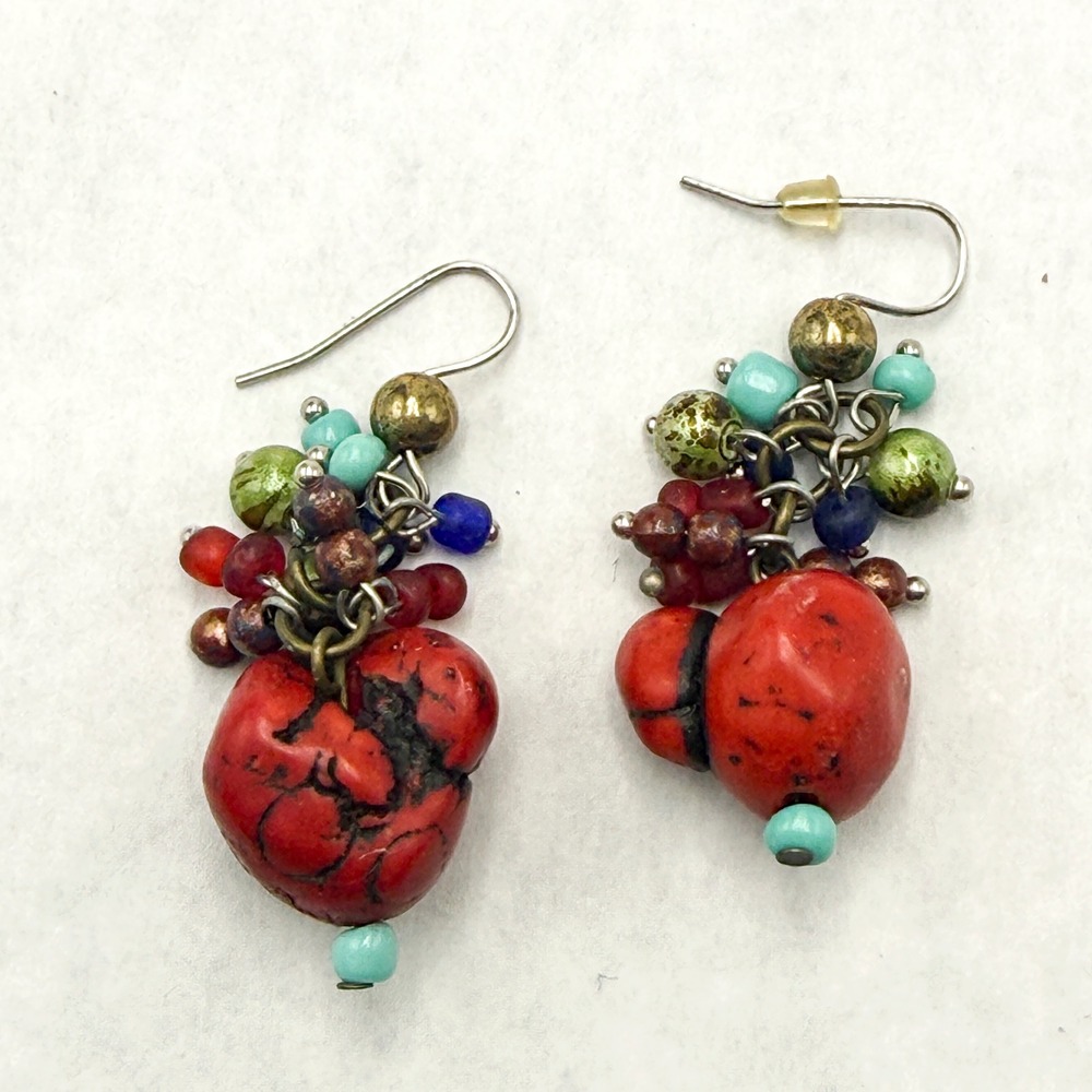 Artisan Boho Red Stone Cluster Bead Dangle Earrings‎ Multicolor Pierced